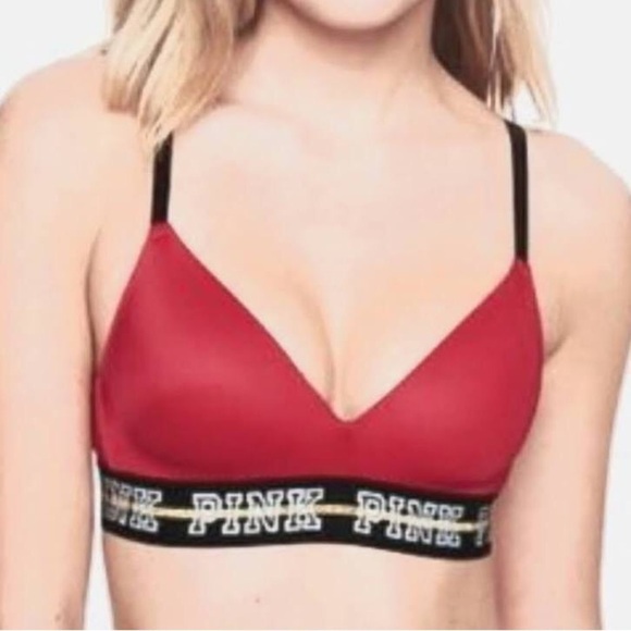 Victoria’s Secret Pink Wireless Lightly Lined Bra Red Black White Gold Logo Band - Picture 1 of 12